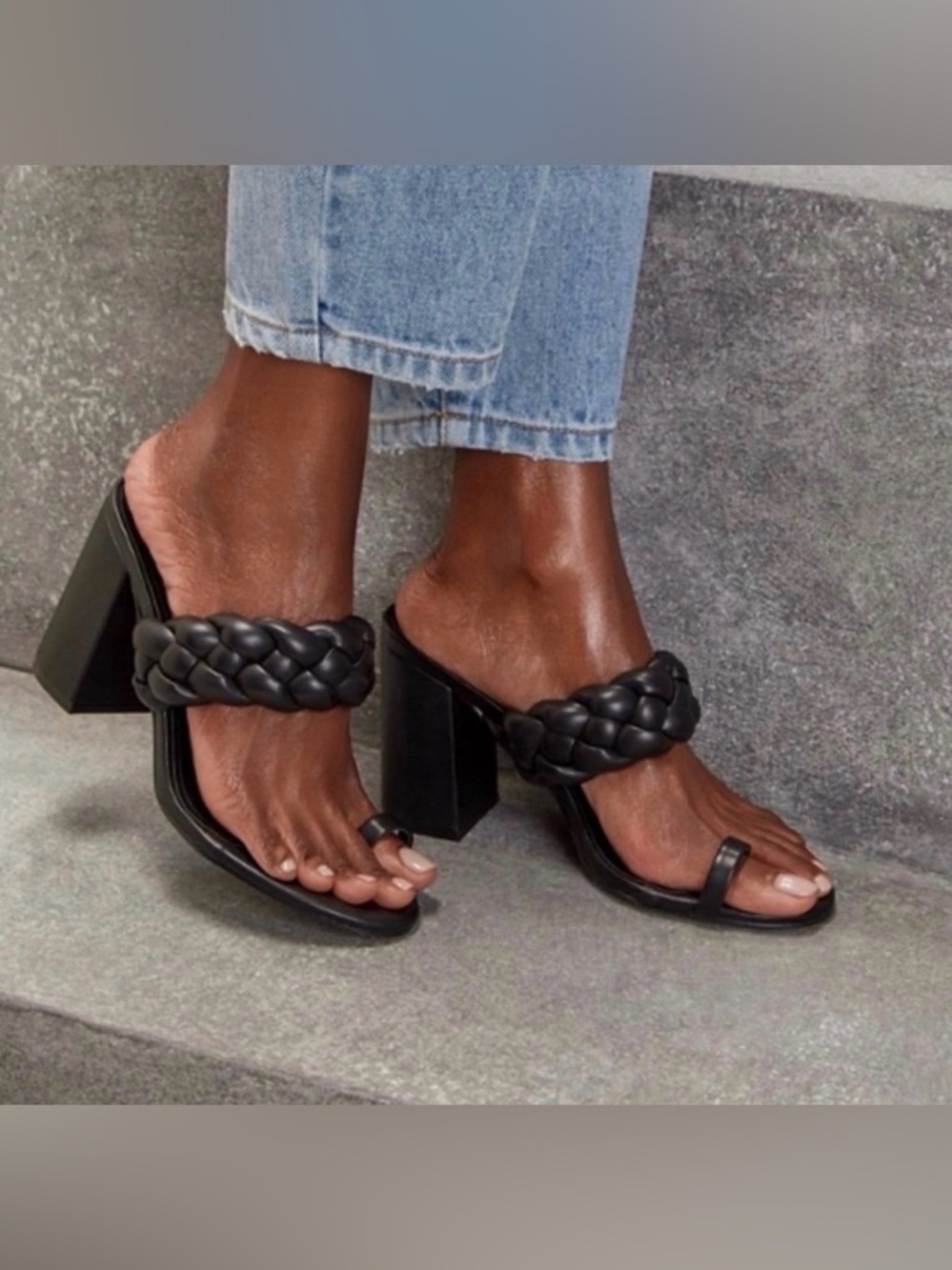 Black Braided Women’s Chunky Block Heel Sandals Size 9.5